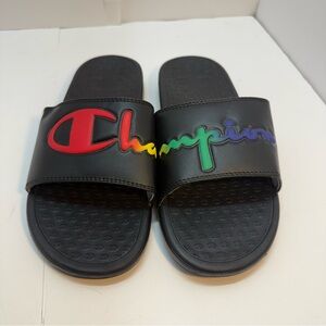 Champion Slide Sandals - Black with Rainbow Logo